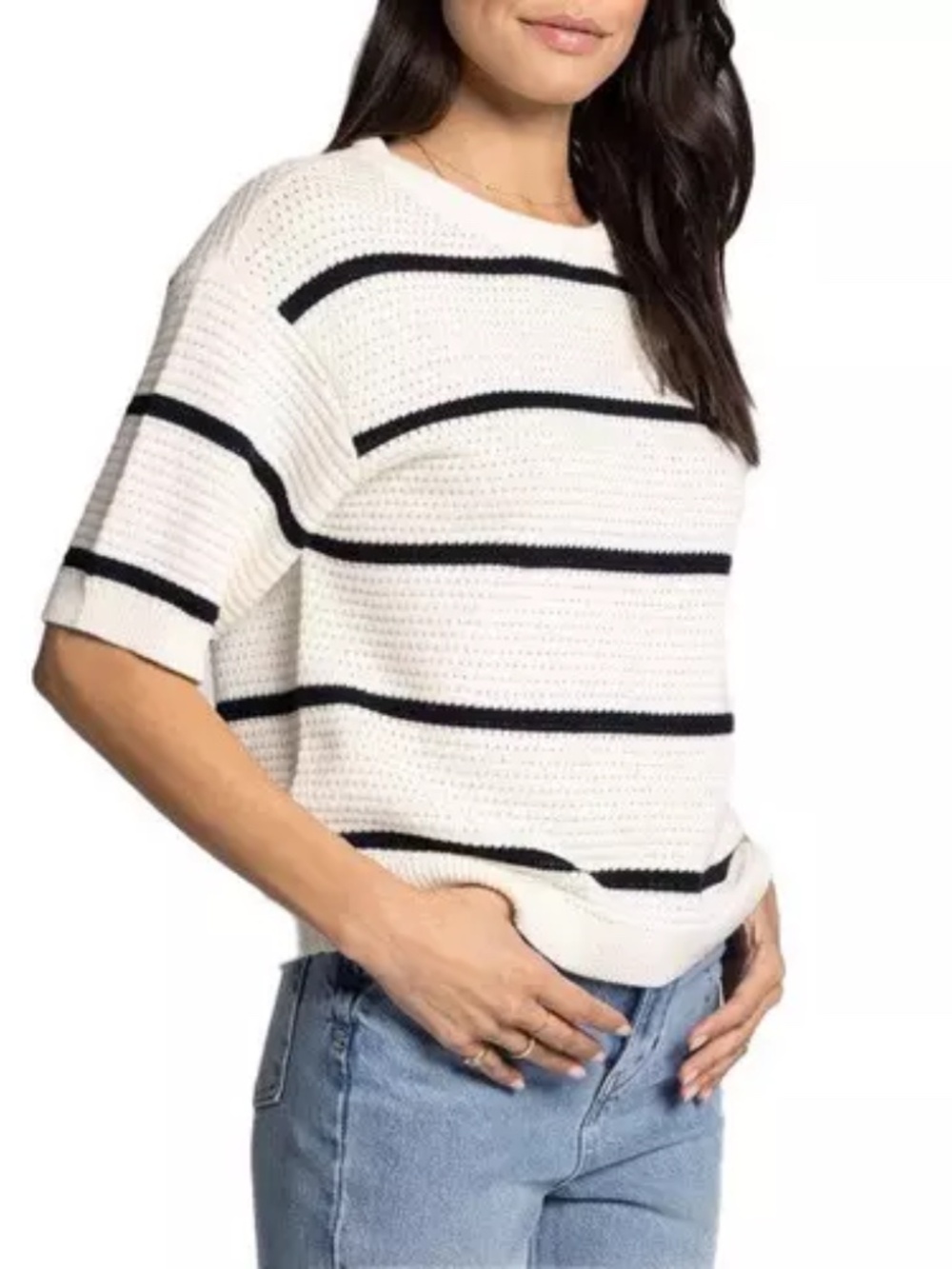 THREAD & SUPPLY Striped Pullover Sweater, Ivory and Black | Size Med
